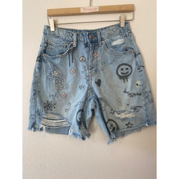 Wild Fable Eclectic Doodle Distressed High Rise Bermuda Shorts 2 - Picture 1 of 5